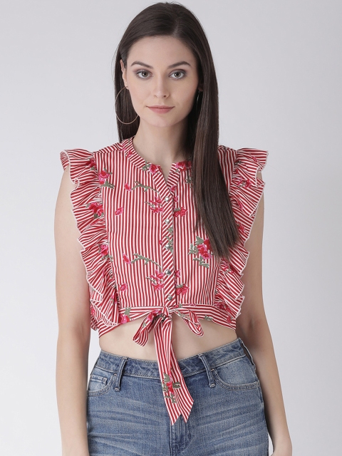 

Texco Women Red & White Striped Shirt Style Crop Top
