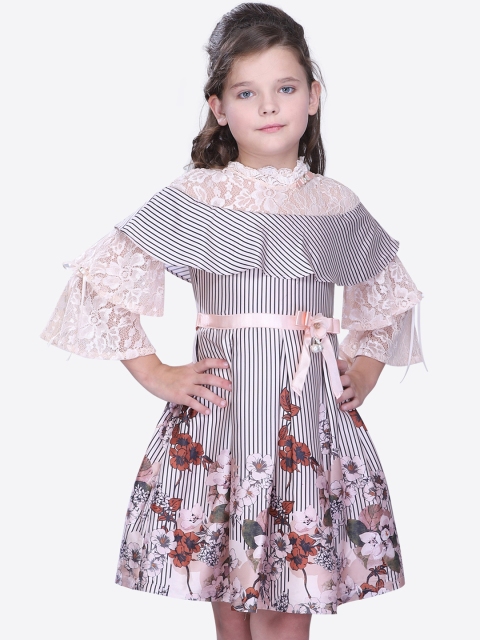 

CUTECUMBER Girls Peach-Coloured & Blue Striped Fit and Flare Dress