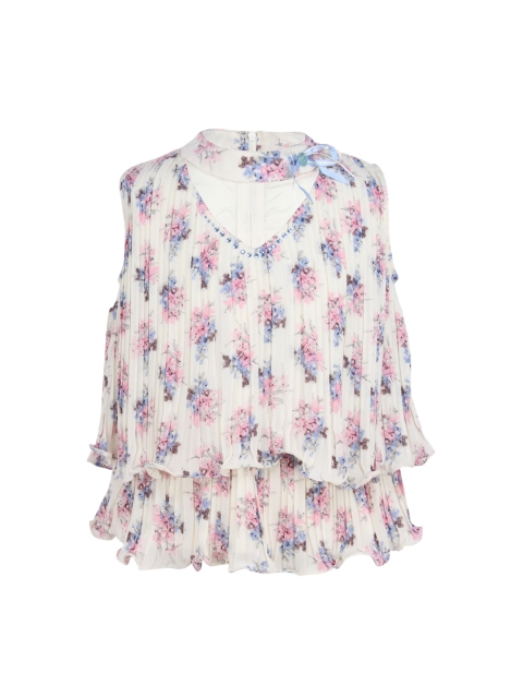 

CUTECUMBER Girls Off-White & Pink Printed Tiered Top