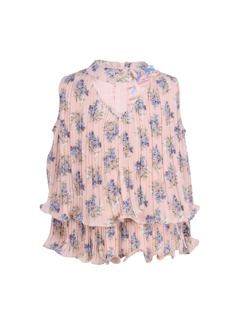 

CUTECUMBER Girls Peach-Coloured & Blue Printed Tiered Top
