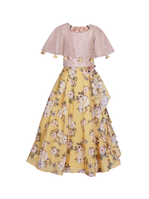 

CUTECUMBER Girls Gold-Coloured & Yellow Floral Printed Embellished Top with Skirt