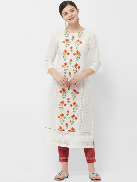 

Naari Women Off-White Embroidered Straight Calf-Length Kurta