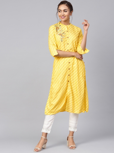 

Juniper Women Yellow & Off-White Khari Print Straight Kurta