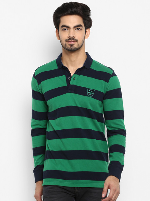 

Mufti Men Green & Navy Blue Striped Polo Collar T-shirt