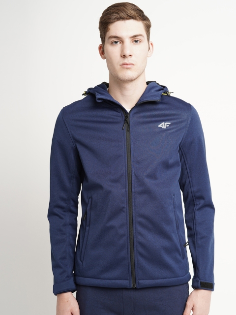 

4F Men Dark Blue Melange Solid Hooded Sporty Jacket, Navy blue