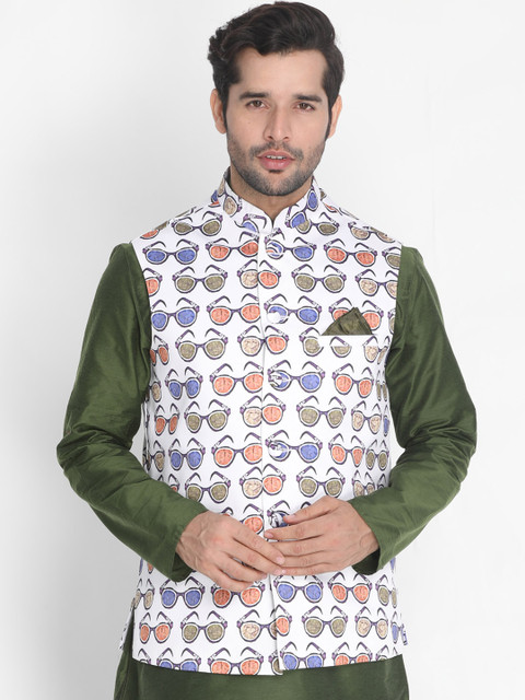 

VASTRAMAY Men Multicoloured Printed Nehru Jackets, White
