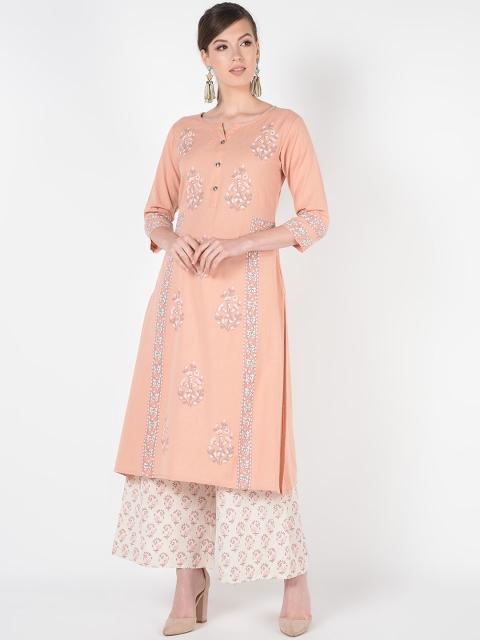 

TARA-C-TARA Women Peach-Coloured & Off-White Printed Kurta with Palazzos