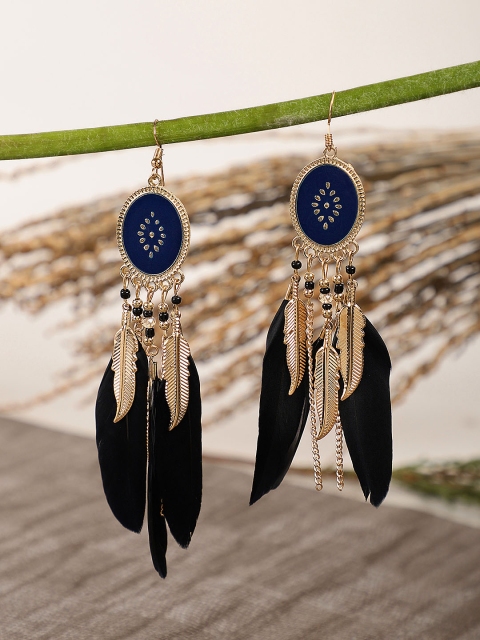 

Crunchy Fashion Gold-Plated & Blue Feather Shaped Drop Earrings, Black
