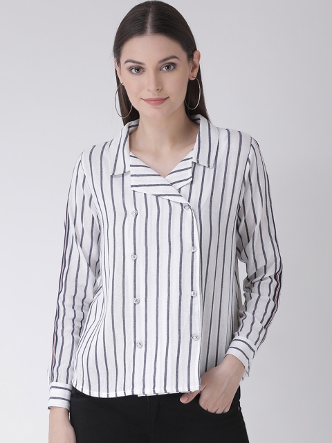 Texco Women White & Navy Blue Regular Fit Striped Casual Shirt