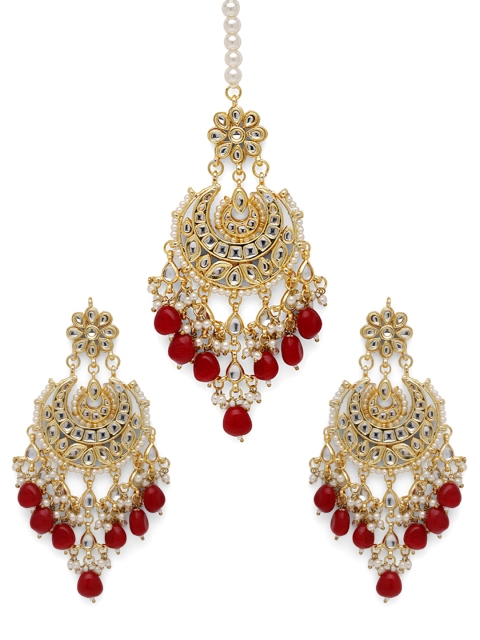 

Fabstreet Women Gold-Plated Red & White Kundan Jewellery Set