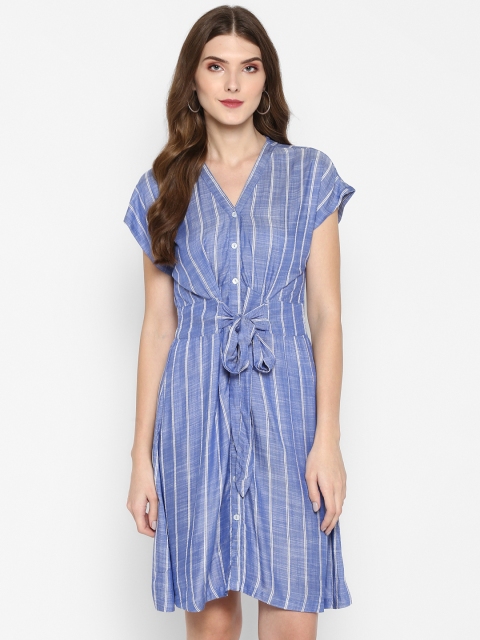 

MIAMINX Women Blue Striped Fit and Flare Dress
