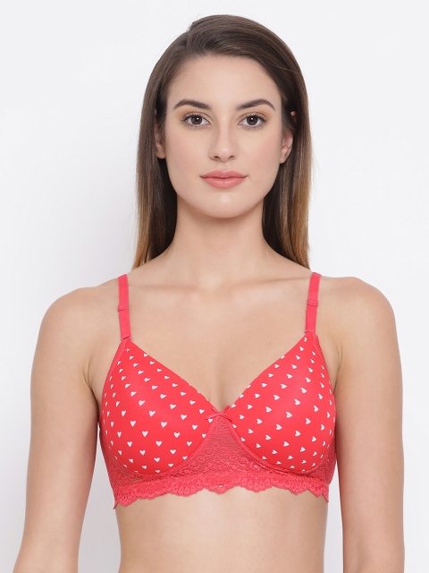 

Clovia Lace Padded Non-Wired Heart Print T-Shirt Bra, Red
