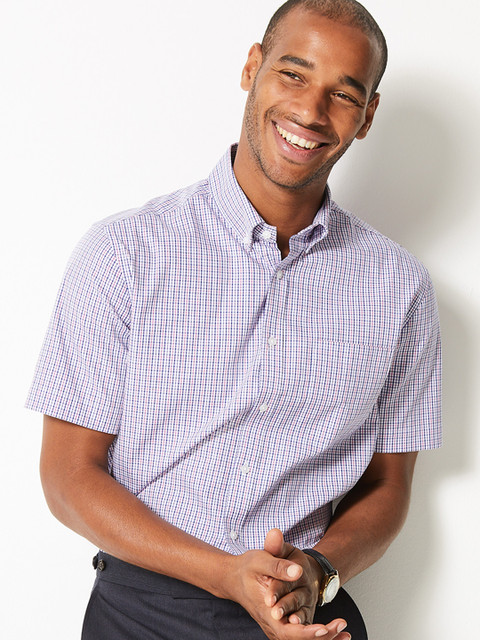

Marks & Spencer Men Pink & Blue Tailored Fit Checked Formal Shirt