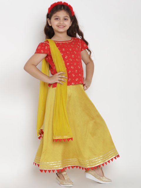 

Bitiya by Bhama Girls Red & Yellow Printed Ready to Wear Lehenga & Blouse with Dupatta