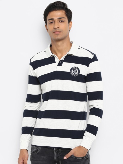 

Mufti Men White Striped Polo Collar T-shirt