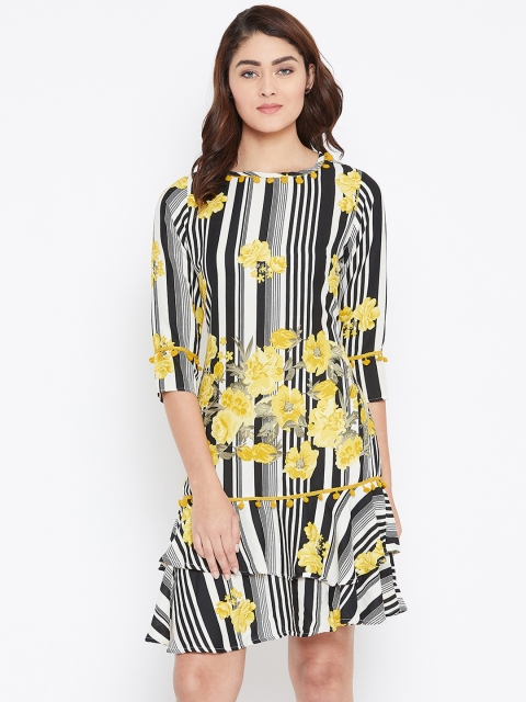 

FIZERA Women White & Yellow Floral Print Drop-Waist Dress