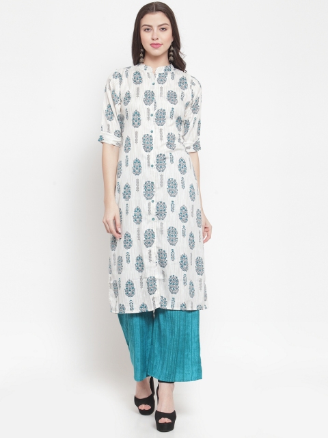 

Aujjessa Women White & Blue Printed Kurta with Palazzos