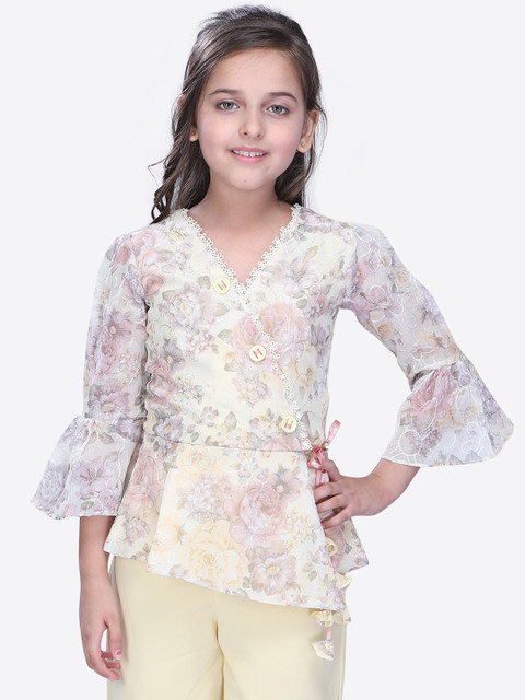

CUTECUMBER Girls Yellow & Grey Printed Wrap Top