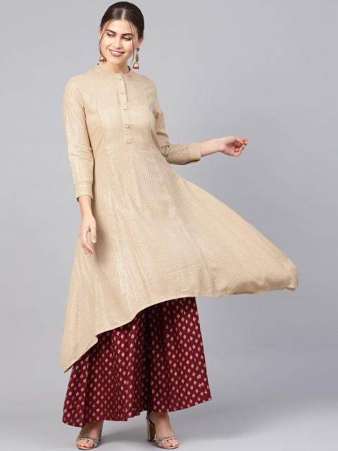 

Juniper Women Beige & Golden Striped A-Line Asymmetyric Kurta