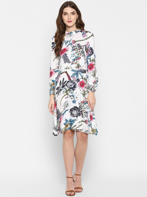 

MIAMINX Women White Floral Print Fit and Flare Dress