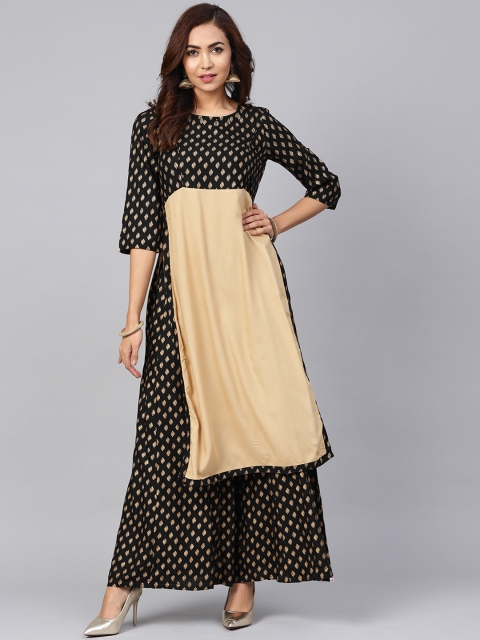

Juniper Women Black & Gold-Toned Floral Foil Printed Straight Kurta