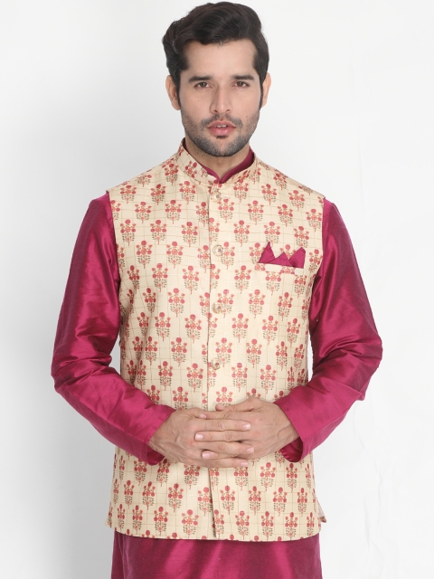 

VASTRAMAY Men Beige and Red Printed Nehru Jackets