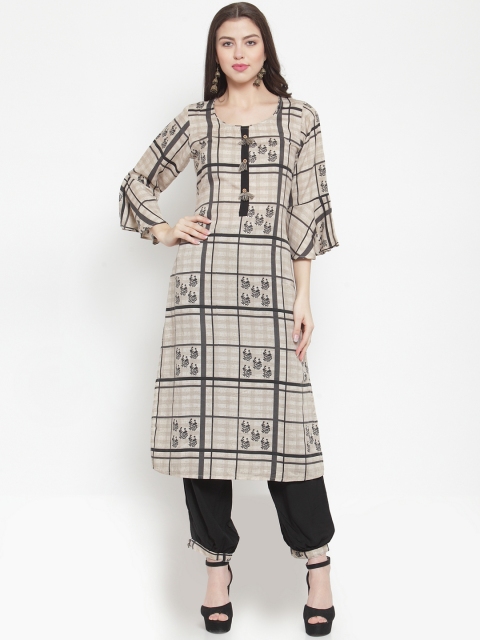 

Aujjessa Women Beige & Black Printed Kurta with Harem Pants