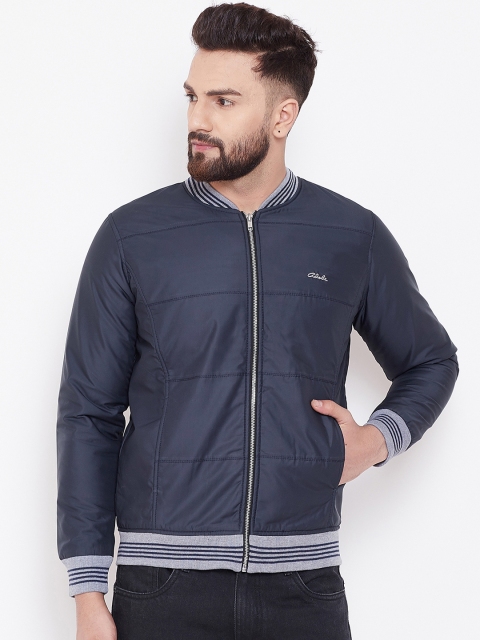 

Adobe Men Navy Blue Striped Windcheater and Water Resistant Varsity Jacket
