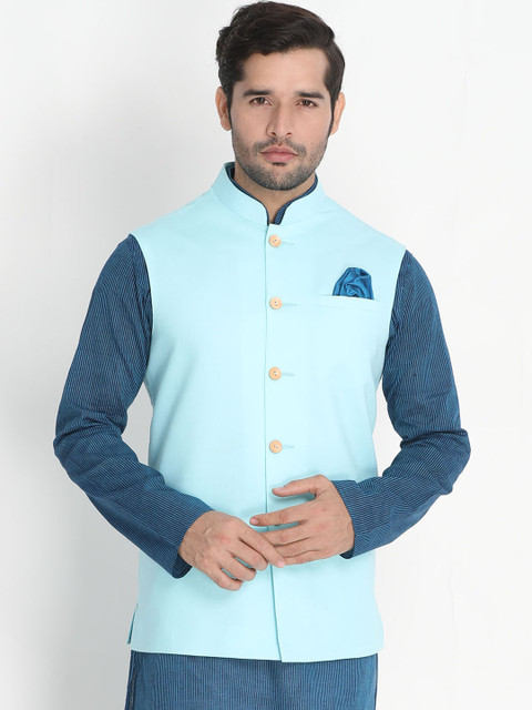 

VASTRAMAY Men Turquoise Solid Pure Cotton Nehru Jackets, Blue