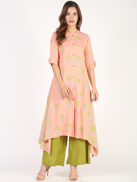 

TARA-C-TARA Women Peach-Coloured & Green Printed Kurta with Palazzos