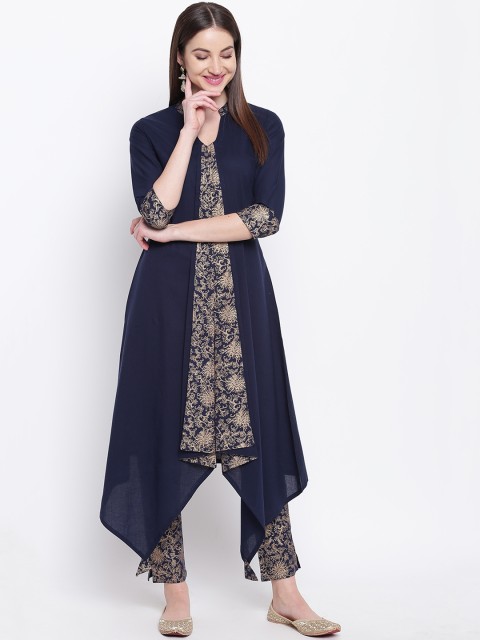 

Khushal K Women Blue & Gold-Toned Printed Kurti with Trousers