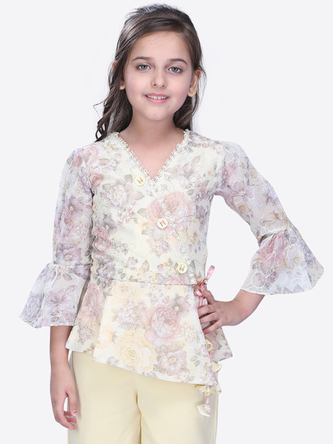 

CUTECUMBER Girls Yellow & Grey Printed Wrap Top