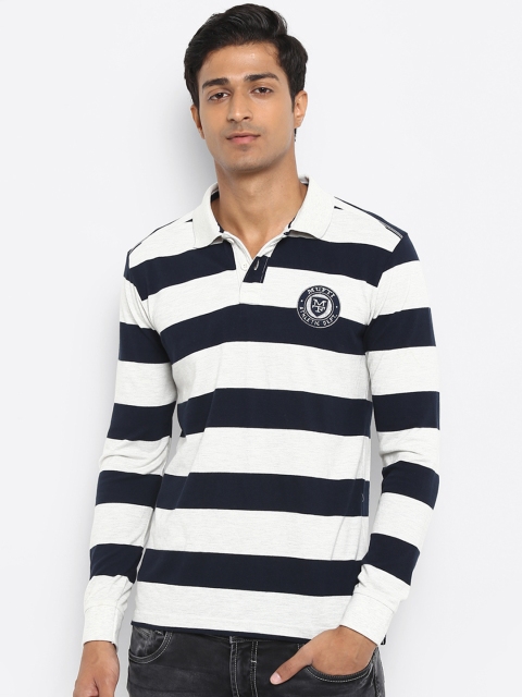 

Mufti Men White & Navy Blue Striped Polo Collar T-shirt