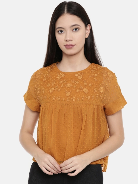 

Chumbak Women Mustard Yellow Self Design A-Line Top