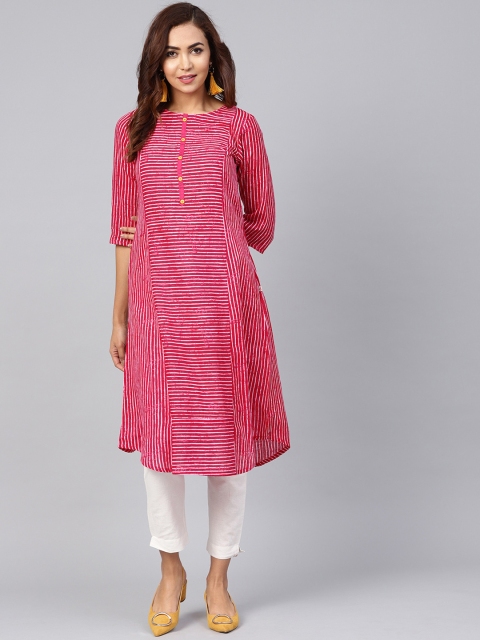 

Juniper Women Fuchsia & Off-White Striped A-Line Kurta