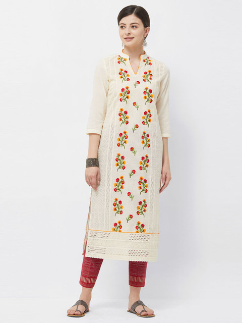 

Naari Women Cream Floral Embroidered Straight Knee-Length Kurta