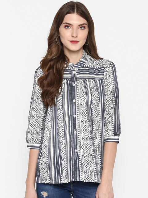

MIAMINX Women Grey Printed Shirt Style Top