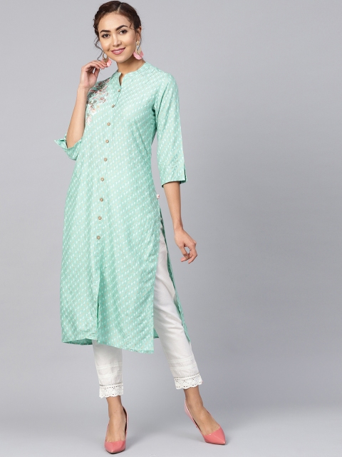 

Juniper Women Sea Green & Gold-Toned Khari Printed Straight Kurta