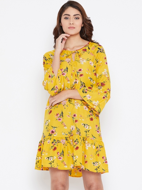 

FIZERA Women Mustard Yellow Floral Printed Drop-Waist Dress