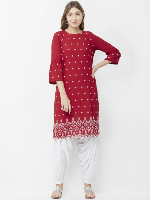 

Naari Women Red & White Embroidered Straight Knee-Length Kurta