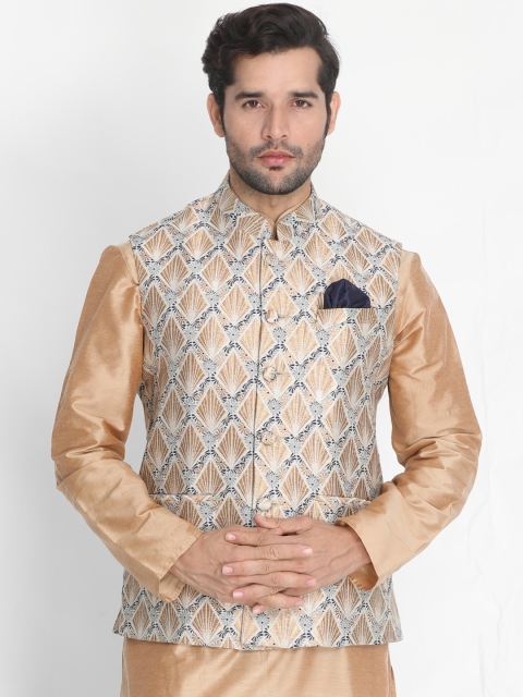

VASTRAMAY Men Rose Gold-coloured and Blue Printed Nehru Jackets