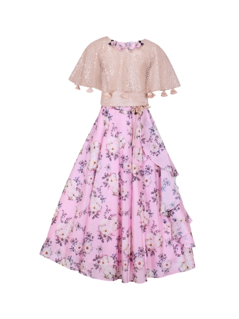 

CUTECUMBER Girls Gold-Coloured & Pink Floral Printed Embellished Top with Skirt