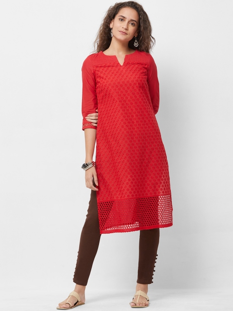 

Naari Women Red Embroidered Straight Calf-Length Kurta