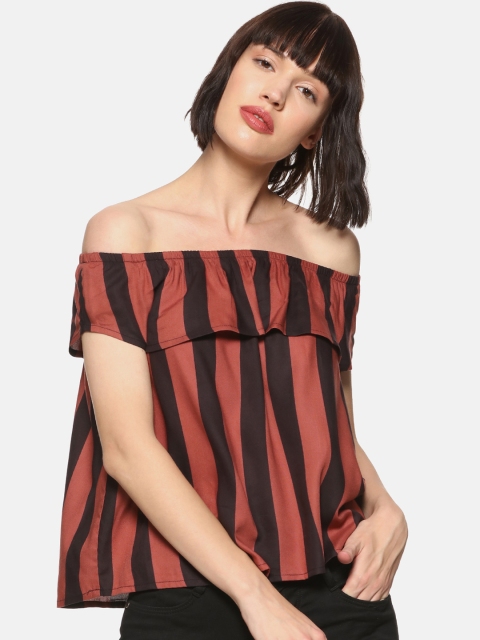 

Campus Sutra Women Maroon & Black Candy Striped Bardot Top