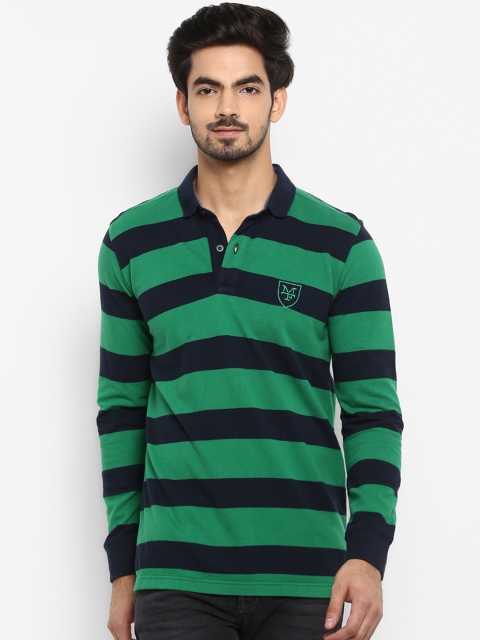 Mufti Men Green & Navy Blue Striped Polo Collar T-shirt