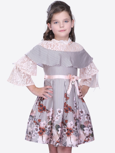 

CUTECUMBER Girls Peach-Coloured & Blue Striped Fit and Flare Dress
