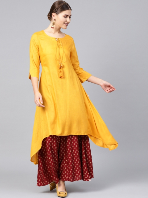 

Juniper Women Mustard Yellow Solid A-Line Asymmetyric Kurta