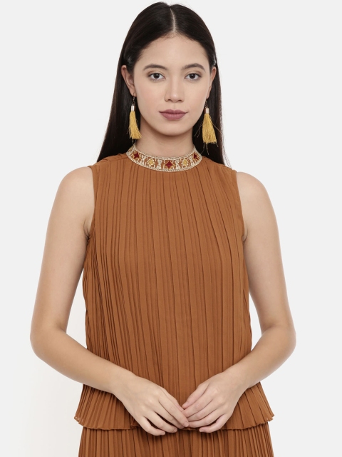 

Chumbak Women Brown Accordion Pleated A-Line Top