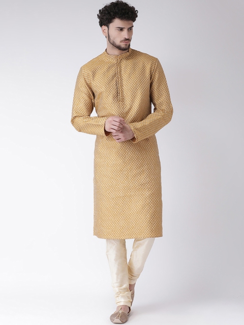

TABARD Men Mustard Yellow & Beige Self Design Kurta with Churidar