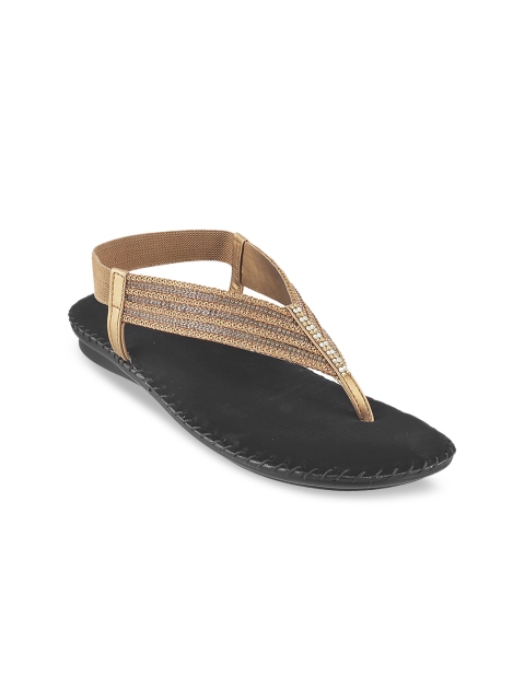 

Metro Women Gold-Coloured Textured T-Strap Flats